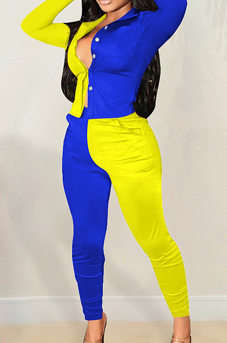Blue Spliced Yellow Lapel Neck Long Sleeve Button Shirt Long Pnats Casual Sets OEP6302-3