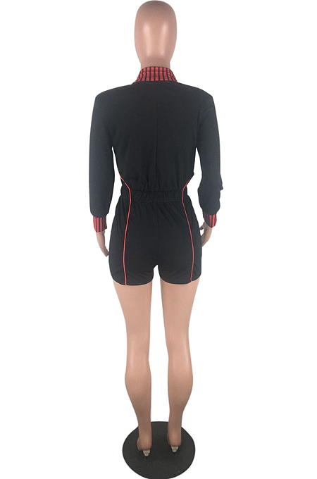 Black New Stripe Lapel Neck Long Sleeve Slim Fitting Zipper Romper Shorts S646-1