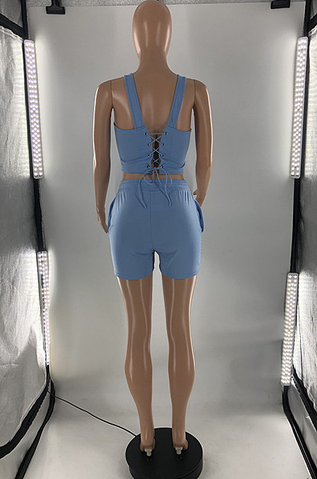 Pink New Square Neck Sleeveless Tank Back Eyelet Bandage Sports Sets S6300-1