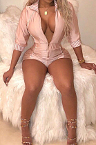 Pink New Stripe Lapel Neck Long Sleeve Slim Fitting Zipper Romper Shorts S646-2