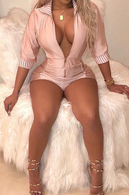 Pink New Stripe Lapel Neck Long Sleeve Slim Fitting Zipper Romper Shorts S646-2