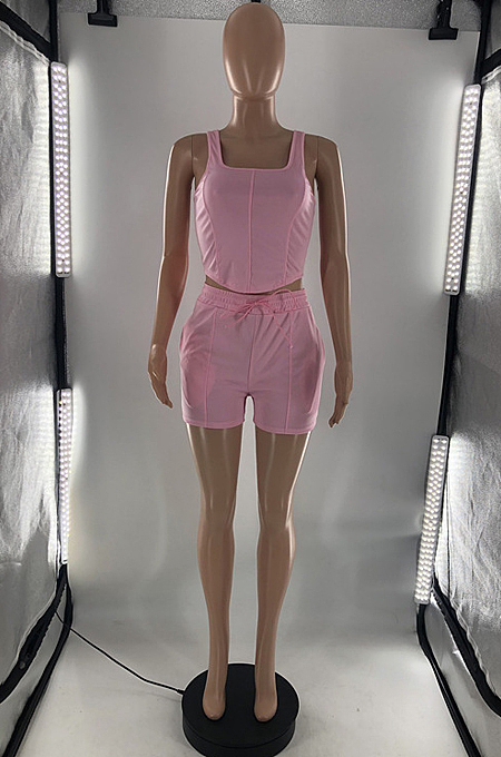 Pink New Square Neck Sleeveless Tank Back Eyelet Bandage Sports Sets S6300-1