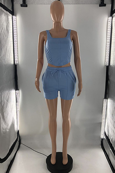 Pink New Square Neck Sleeveless Tank Back Eyelet Bandage Sports Sets S6300-1