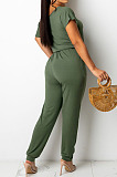 Army Green Oblique Shoulder Short Sleeve Waist Strap Pure Color Wide Leg Jumpsuits OH8086-2
