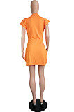 Orange Pure Color Deep V Neck Short Sleeve Casual T Shirt Dress LML254-1