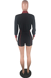 Pink New Stripe Lapel Neck Long Sleeve Slim Fitting Zipper Romper Shorts S646-2