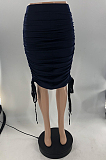 Navy Blue Two Sides Drawstring Pure Color Mid Waist Skirts S66301
