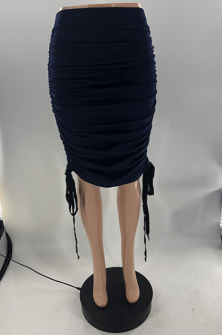 Navy Blue Two Sides Drawstring Pure Color Mid Waist Skirts S66301