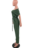 Army Green Oblique Shoulder Short Sleeve Waist Strap Pure Color Wide Leg Jumpsuits OH8086-2