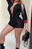 Pink New Stripe Lapel Neck Long Sleeve Slim Fitting Zipper Romper Shorts S646-2