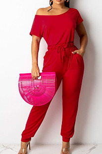 Red Oblique Shoulder Short Sleeve Waist Strap Pure Color Wide Leg Jumpsuits OH8086-1