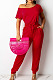 Red Oblique Shoulder Short Sleeve Waist Strap Pure Color Wide Leg Jumpsuits OH8086-1