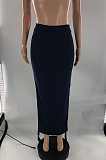 Navy Blue Two Sides Drawstring Pure Color Mid Waist Skirts S66301