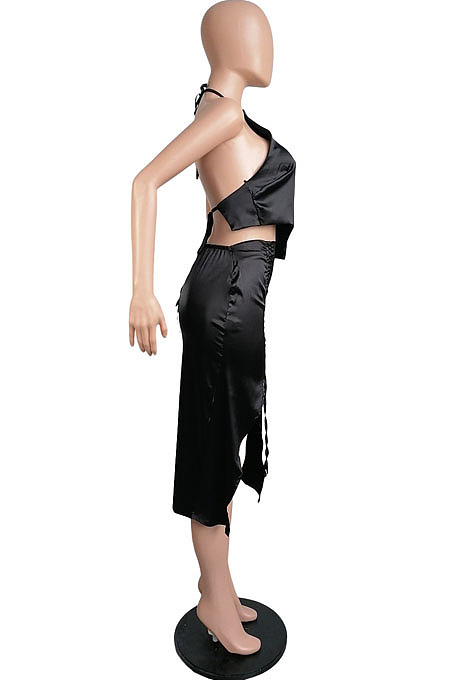 Pink Silk Satin Sexy Halter Neck Backless Bandage Tank Drawstring Slit Skirts Two Piece LML257-1