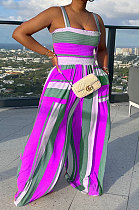 Purple Women Multicolor Printing Smocking Stitch Condole Belt Wide Leg Jumpsuits HXY88072-6