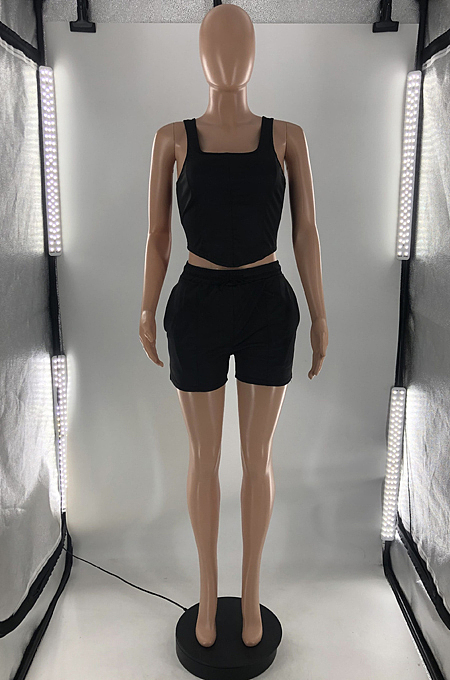 Pink New Square Neck Sleeveless Tank Back Eyelet Bandage Sports Sets S6300-1