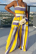Yellow High Waist Smocking Stitch Multicolor Print Wide Leg Jumpsuits HXY88072-2