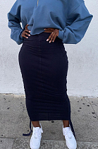 Navy Blue Two Sides Drawstring Pure Color Mid Waist Skirts S66301