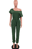 Army Green Oblique Shoulder Short Sleeve Waist Strap Pure Color Wide Leg Jumpsuits OH8086-2