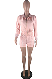 Pink New Stripe Lapel Neck Long Sleeve Slim Fitting Zipper Romper Shorts S646-2