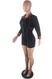 Pink New Stripe Lapel Neck Long Sleeve Slim Fitting Zipper Romper Shorts S646-2