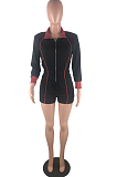 Pink New Stripe Lapel Neck Long Sleeve Slim Fitting Zipper Romper Shorts S646-2