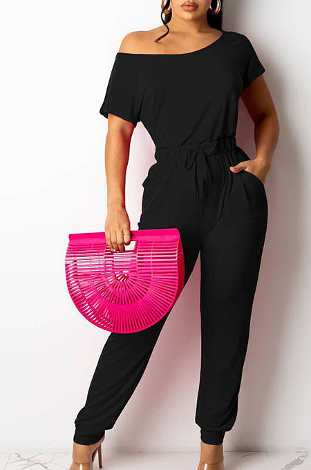Black Oblique Shoulder Short Sleeve Waist Strap Pure Color Wide Leg Jumpsuits OH8086-3
