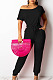 Black Oblique Shoulder Short Sleeve Waist Strap Pure Color Wide Leg Jumpsuits OH8086-3