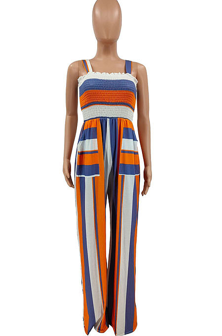 Yellow High Waist Smocking Stitch Multicolor Print Wide Leg Jumpsuits HXY88072-2