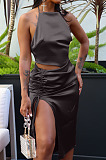 Rose Red Silk Satin Sexy Halter Neck Backless Bandage Tank Drawstring Slit Skirts Two Piece LML257-4