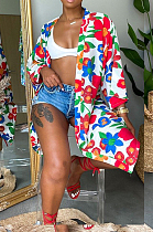 White Women Print Loose Lapel Neck Kimono Coat Suntop LML260-3