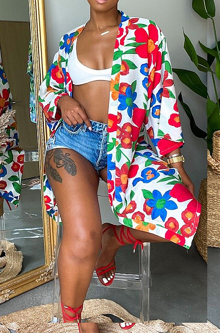 White Women Print Loose Lapel Neck Kimono Coat Suntop LML260-3
