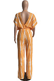Yellow Stripe Tie Dye Print Sleeveless Loose V Neck Bandage Wide Leg Pants Two Piece LML258-1 