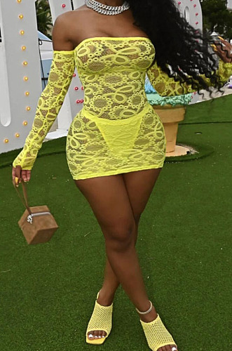 Yellow Perspective Mesh Sexy Strapless Long Sleeve Bodycon Mini Dress DN8625-2