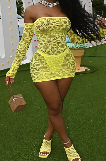 Yellow Perspective Mesh Sexy Strapless Long Sleeve Bodycon Mini Dress DN8625-2