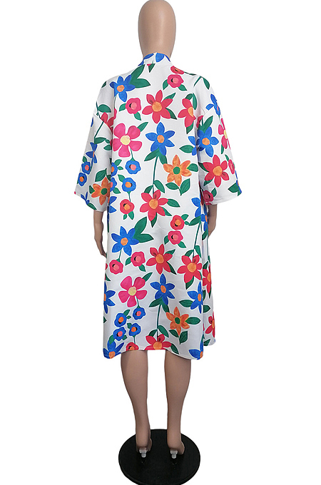 Cyan Women Print Loose Lapel Neck Kimono Coat Suntop LML260-1
