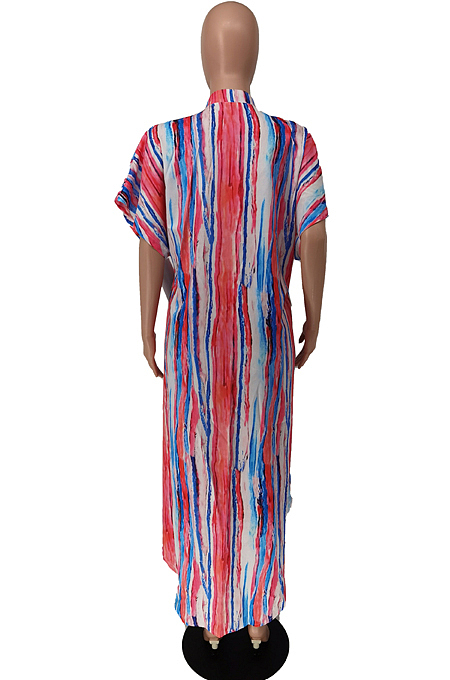 Colorful Print Colour Bar Loose Pocket Round Neck Single Breasted Shirt Dress NRS8076-2