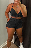 Black Summer Condole Belt Strapless Crop Top Shorts Mid Waist Two Piece DN8624-2