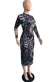 Colorful Irregularity Print Long Sleeve Half High Neck Hip Dress  JG056