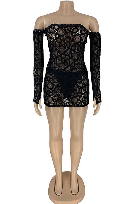 Yellow Perspective Mesh Sexy Strapless Long Sleeve Bodycon Mini Dress DN8625-2