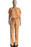 Yellow Stripe Tie Dye Print Sleeveless Loose V Neck Bandage Wide Leg Pants Two Piece LML258-1 