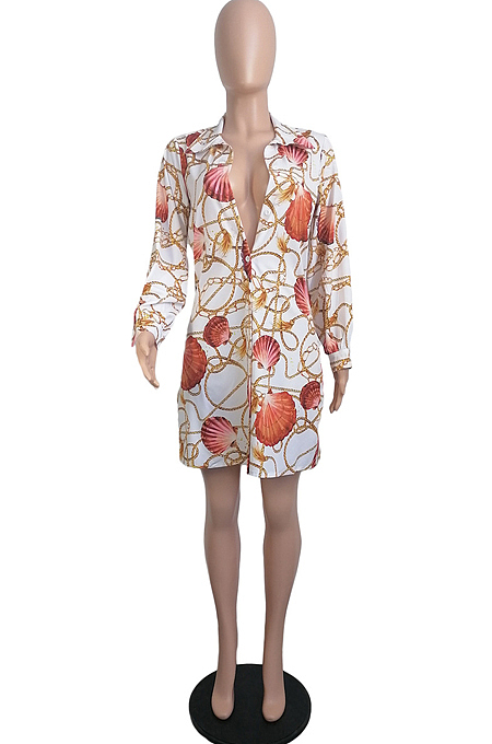Fashion Print Lapel Neck Long Sleeve Shirt Dress LML259