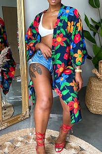 Navy Blue Women Print Loose Lapel Neck Kimono Coat Suntop LML260-2
