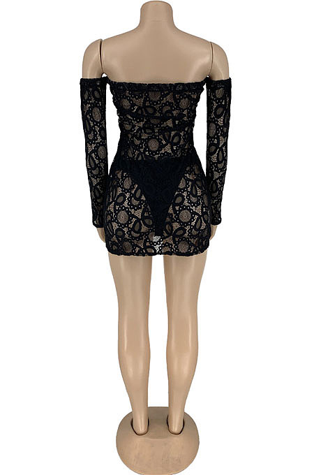 Black Perspective Mesh Sexy Strapless Long Sleeve Bodycon Mini Dress DN8625-4