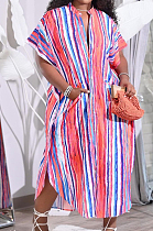 Colorful Print Colour Bar Loose Pocket Round Neck Single Breasted Shirt Dress NRS8076-1