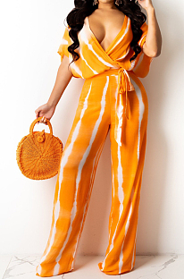 Yellow Stripe Tie Dye Print Sleeveless Loose V Neck Bandage Wide Leg Pants Two Piece LML258-1 