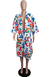 White Women Print Loose Lapel Neck Kimono Coat Suntop LML260-3
