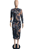 Colorful Irregularity Print Long Sleeve Half High Neck Hip Dress  JG056