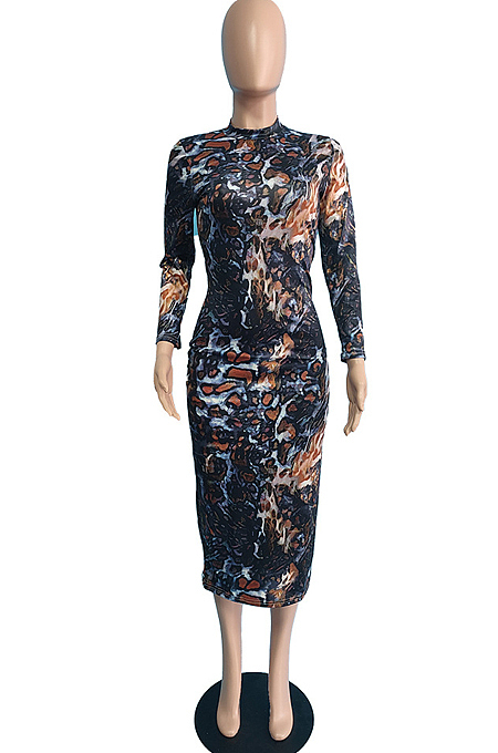 Colorful Irregularity Print Long Sleeve Half High Neck Hip Dress  JG056
