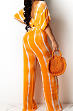 Yellow Stripe Tie Dye Print Sleeveless Loose V Neck Bandage Wide Leg Pants Two Piece LML258-1 